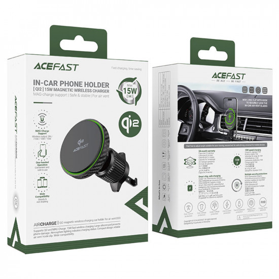 Acefast Car Holder with Wireless Charging (D33) for iPhone, Magnetic Grip, for Air Vent, Qi2, LED Light, 15W Black