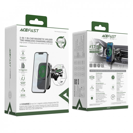 Acefast  Car Holder with Wireless Charging (D18)  for iPhone, 2in1 Wireless Fast Charging, for Air Vant, Lock Clip  Black