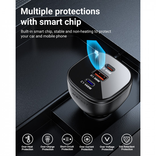 Acefast Car Charger (B14) 2x USB C, USB, 165W, Fast Charging, Intelligent Temperature Control Black