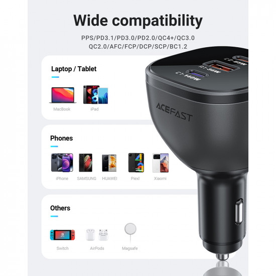 Acefast Car Charger (B14) 2x USB C, USB, 165W, Fast Charging, Intelligent Temperature Control Black