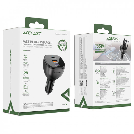 Acefast Car Charger (B14) 2x USB C, USB, 165W, Fast Charging, Intelligent Temperature Control Black