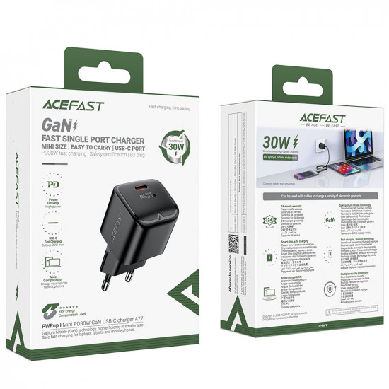 Acefast Wall Charger (A77) Type C, Mini GaN Charger, 30W, Power Delivery Black
