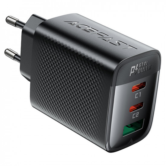 Acefast Wall Charger (A108) GaN, Fast Charging, 2x Type C, USB, 67W, 3A, Smart Chip Black