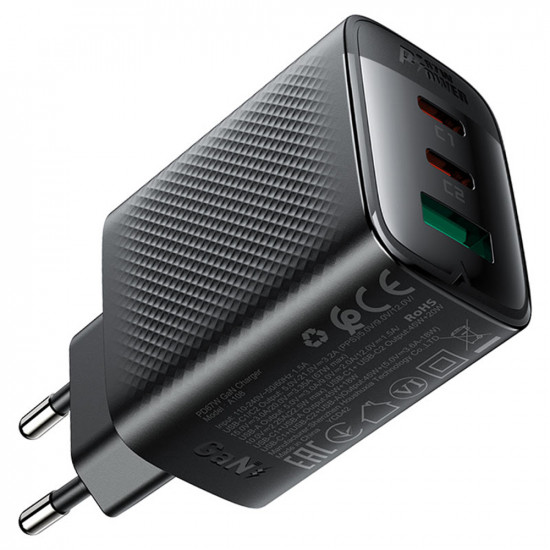 Acefast Wall Charger (A108) GaN, Fast Charging, 2x Type C, USB, 67W, 3A, Smart Chip Black