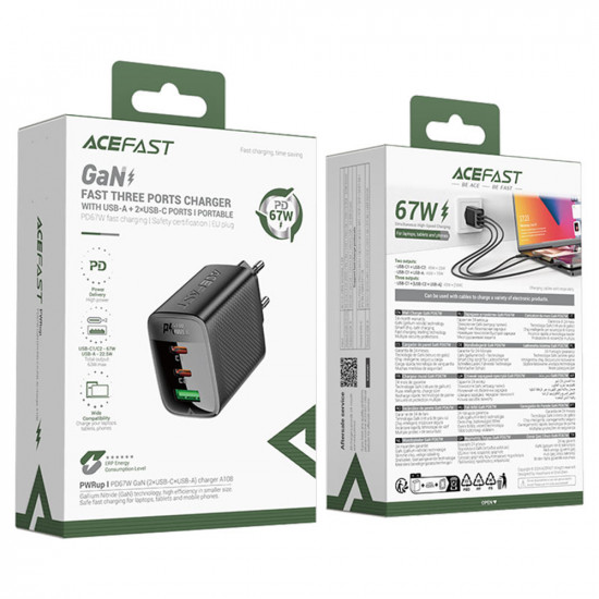 Acefast Wall Charger (A108) GaN, Fast Charging, 2x Type C, USB, 67W, 3A, Smart Chip Black