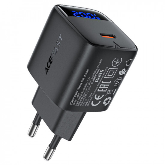 Acefast Wall Charger (A113) with Digital Display, Fast Charging, GaN, Type C, PD20W Black