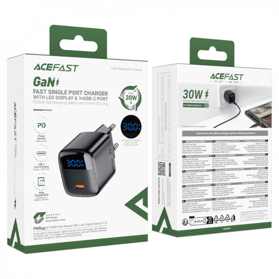 Acefast Wall Charger (A113) with Digital Display, Fast Charging, GaN, Type C, PD20W Black