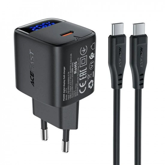 Acefast Wall Charger (A113) with Digital Display, Fast Charging, GaN, USB C, PD20W, with Type C Cable, 1m Black