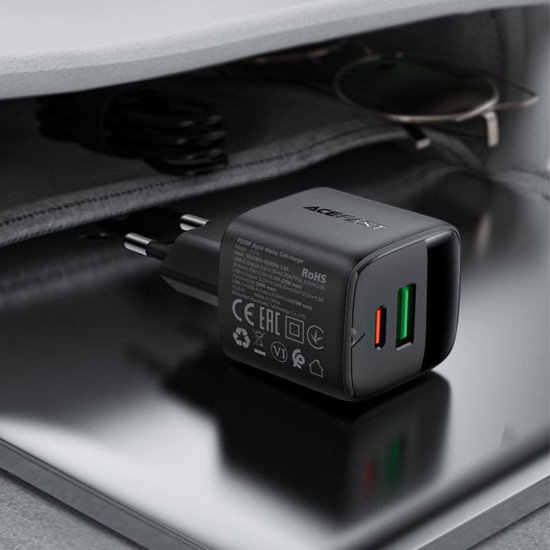 Acefast Wall Charger (A114) with Digital Display, Fast Charging, GaN, USB, Type C, PD25W, 5V/3A Black