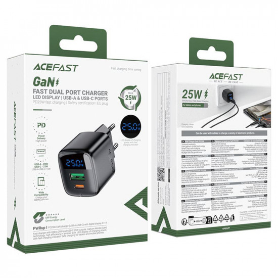 Acefast Wall Charger (A114) with Digital Display, Fast Charging, GaN, USB, Type C, PD25W, 5V/3A Black