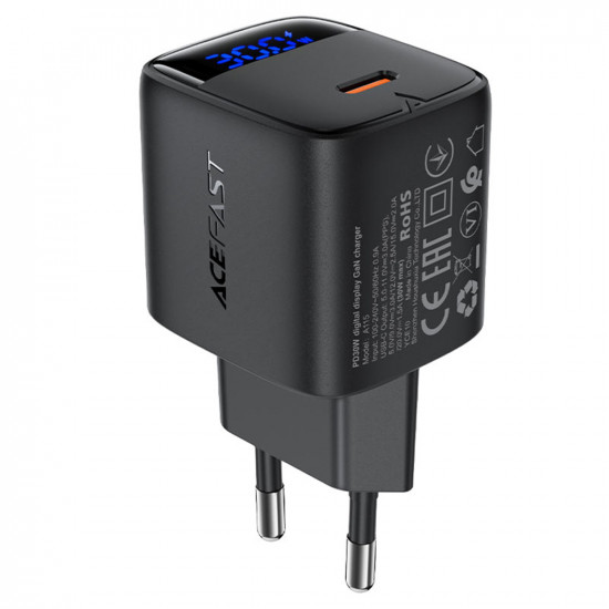 Acefast Wall Charger (A115) with Digital Display, Fast Charging, GaN, Type C, PD30W Black