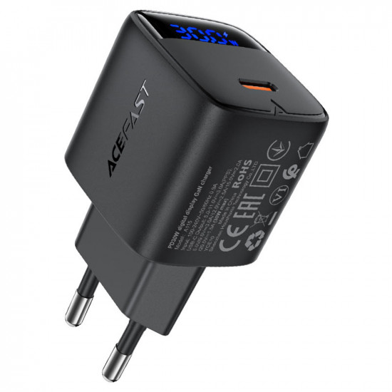 Acefast Wall Charger (A115) with Digital Display, Fast Charging, GaN, Type C, PD30W Black