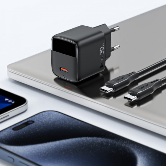 Acefast Wall Charger (A115) with Digital Display, Fast Charging, GaN, Type C, PD30W Black
