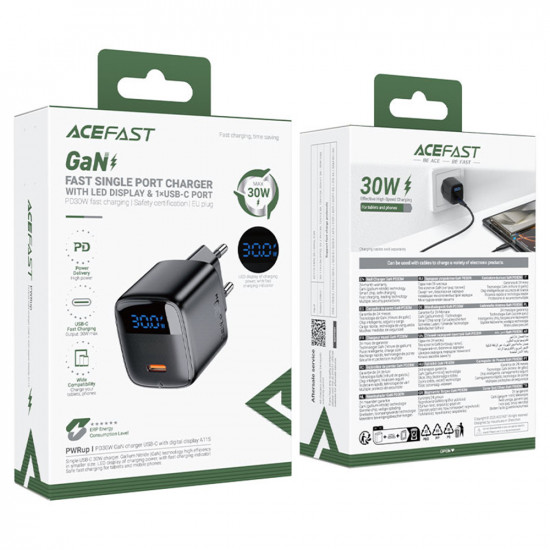 Acefast Wall Charger (A115) with Digital Display, Fast Charging, GaN, Type C, PD30W Black