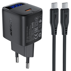 Acefast Wall Charger (A115) with Digital Display, Fast Charging, GaN, Type C, PD30W, with USB C Cable, 1.2m Black Acefast Wall Charger (A115) with Digital Display, Fast Charging, GaN, Type C, PD30W, with USB C Cable, 1.2m Black
