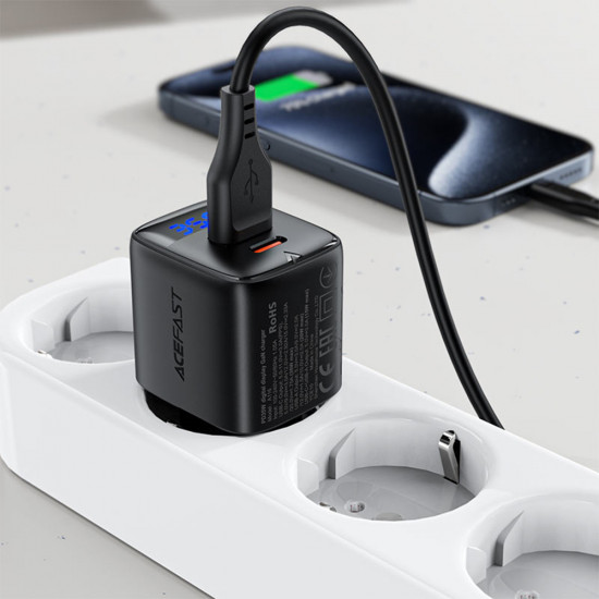 Acefast Wall Charger (A116) with Digital Display, Fast Charging, GaN, Type C, USB, PD35W Black
