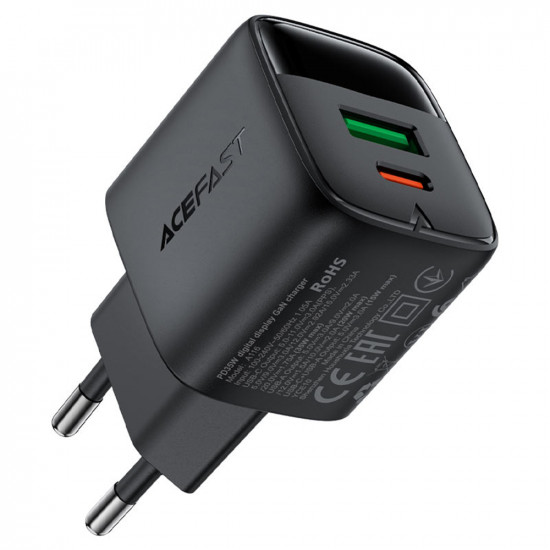 Acefast Wall Charger (A116) with Digital Display, Fast Charging, GaN, Type C, USB, PD35W Black