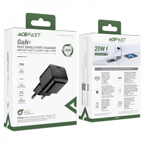 Acefast Wall Charger Mini (A73) GaN Technology, PD20W, Small Size Design Black
