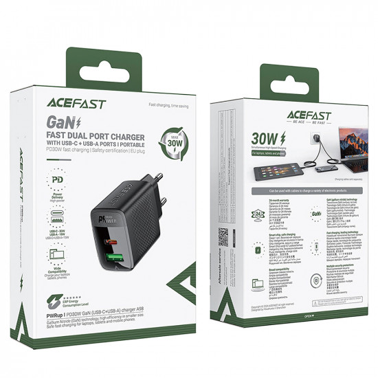 Acefast Wall Charger (A98) GaN, Fast Charging, USB, Type C, 30W, 5V/3A, Smart Chip Black