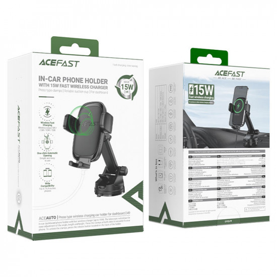 Acefast Car Holder with Wireless Charging (D49) for Dashboard, Magnetic Grip, Lock Clip, 15W, for 4.7 6.9" Phones Black
