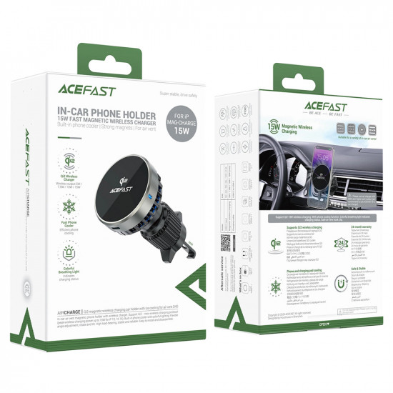 Acefast Car Holder with Wireless Charging (D40) for Air Vent, Magnetic Grip, Ice Cooling, Qi2, USB C, 15W Metal Gray