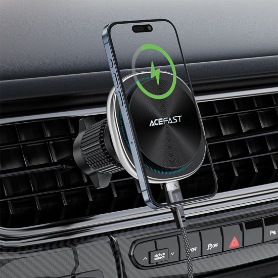 Acefast Car Holder with Wireless Charging (D41) for Air Vent, Magnetic Grip, USB C, 15W, for 4.7 6.9" Phones Silver
