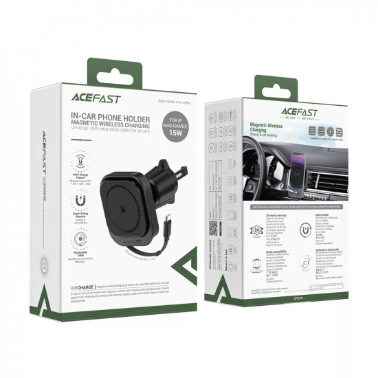 Acefast Car Holder with Wireless Charging (D32) for iPhone, MagSafe, Retractable Cable, for Air Vent, USB C, 85cm Black