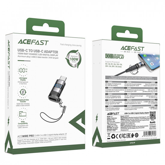 Acefast Adapter (J9) with Digital Display, Type C to USB C, 480Mbps, 20V/5A, Fast Charge, Data Transmission Metal Gray