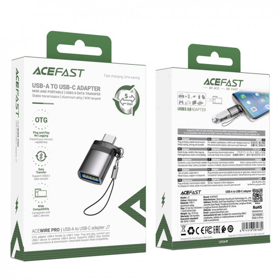 Acefast Adapter (J7) with OTG Function, USB to Type C, 10Gbps Data Transmission, Fast Charging Metal Gray