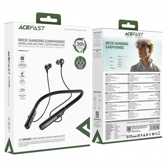 Acefast Bluetooth Earphones (N5) Behind the Head, Neckband, Bluetooth 5.4, LED Display, IPX4, 200mAh Black