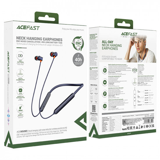 Acefast Bluetooth Earphones (N2) Behind the Head, with Mic, ENC, Bluetooth 5.3, IPX4, 180mAh, Magnetic Design Black