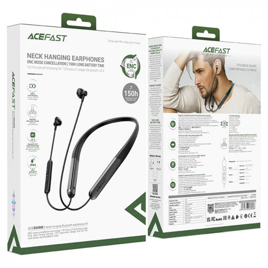 Acefast Bluetooth Earphones (N1) Behind the Head, with Mic, ENC, Bluetooth 5.3, IPX4, 450mAh, Magnetic Design Black