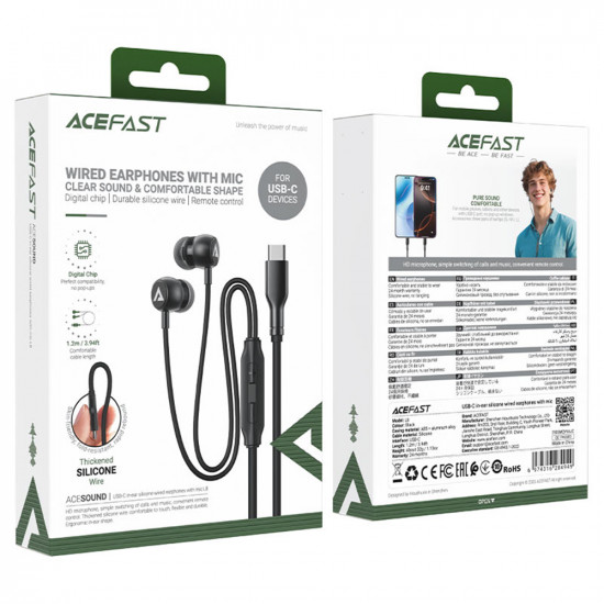 Acefast Wired Earphones (L8) Type C, In ear Design, with Microphone, Control Remote, Flexible, Silicone, 1.2m Gray