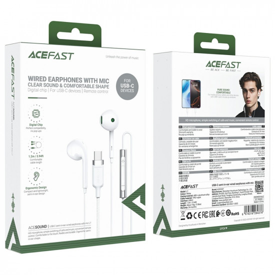 Acefast Wired Earphones (L7) Type C, Half In ear, with HD Microphone, Flexible, 1.2m White
