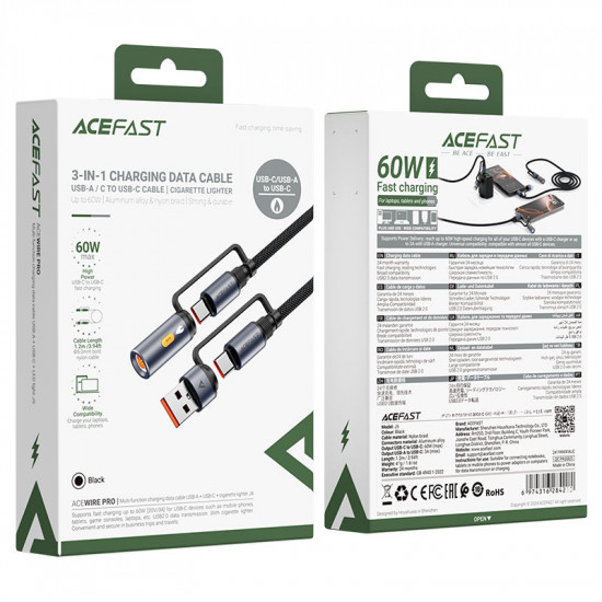 Acefast Data Cable (J6) Multifunction, Fast Charging, USB/USB C to Type C/Cigarette Lighter, 60W, 3A, 1.2m Black