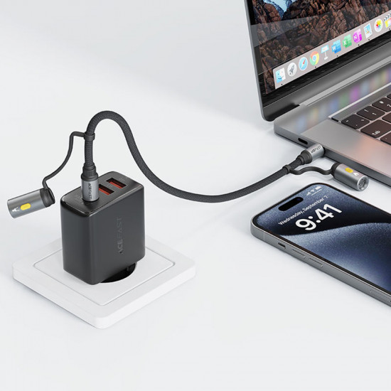 Acefast Data Cable (J4) Multifunction, Fast Charging, Type C/LED Light to Type C/Cigarette Lighter, 60W, 3A, 1.2m Black