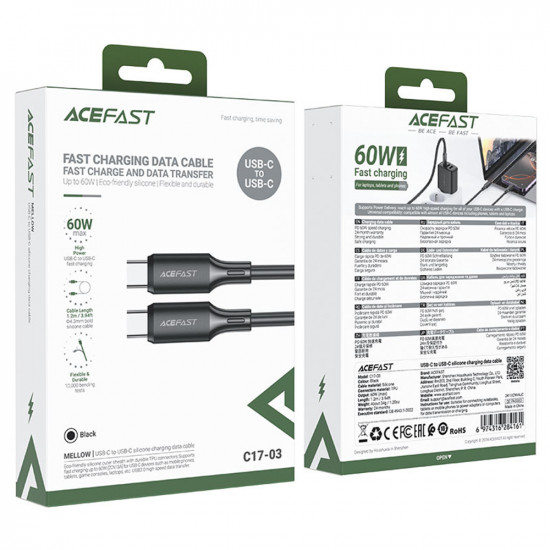 Acefast Data Cable (C17 03) Type C to Type C, Fast Charging, 60W, 3A, Bend Resistant, Soft Silicone, 1.2m Black
