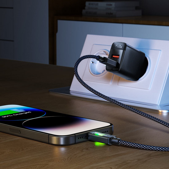 Acefast Data Cable (C21 04) Fast Charge, USB to Type C, 3A, Colorful Gradient Lighting Effect, Nylon Braid, 1.2m Black Acefast Data Cable (C21 04) Fast Charge, USB to Type C, 3A, Colorful Gradient Lighting Effect, Nylon Braid, 1.2m Black