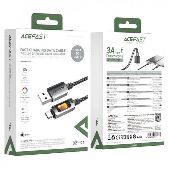 Acefast Data Cable (C21 04) Fast Charge, USB to Type C, 3A, Colorful Gradient Lighting Effect, Nylon Braid, 1.2m Black Acefast Data Cable (C21 04) Fast Charge, USB to Type C, 3A, Colorful Gradient Lighting Effect, Nylon Braid, 1.2m Black