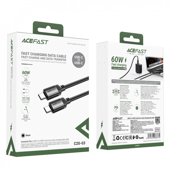 Acefast Data Cable (C20 03) USB C to Type C, 60W, 3A, Fast Charging, Bend Resistant, Nylon Braid, 1.2m Black