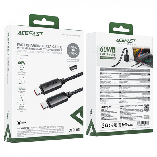 Acefast Data Cable (C19 03) Type C to Type C, Fast Charging, 60W, 3A, Bend Resistant, Nylon Braid, 1.2m Black