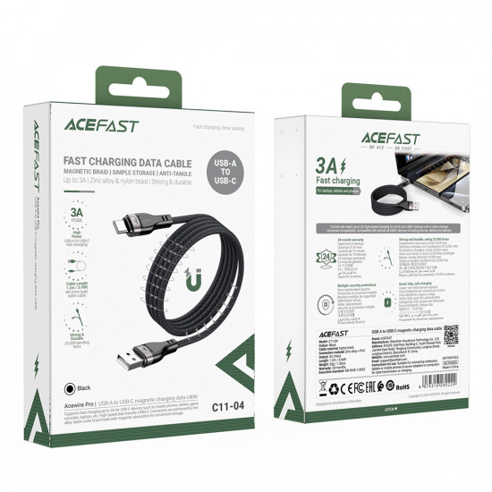 Acefast Data Cable (C11 04) Magnetic Winding, Fast Charging, USB to Type C, 3A, Adjustable Lenght, 1.2m Black