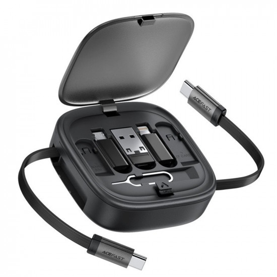 Acefast Data Cable (J3) Travel Set with Retractable Cable 2x USB C, USB, Lightning, Micro USB, TF, 60W, 3A, 0.95m Black