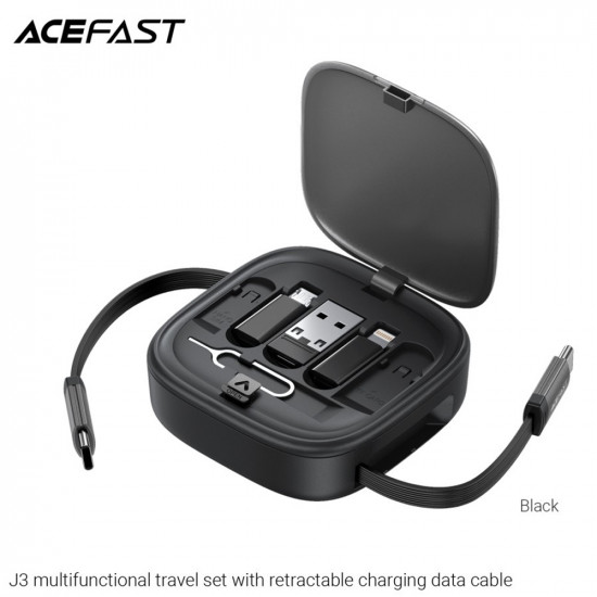 Acefast Data Cable (J3) Travel Set with Retractable Cable 2x USB C, USB, Lightning, Micro USB, TF, 60W, 3A, 0.95m Black