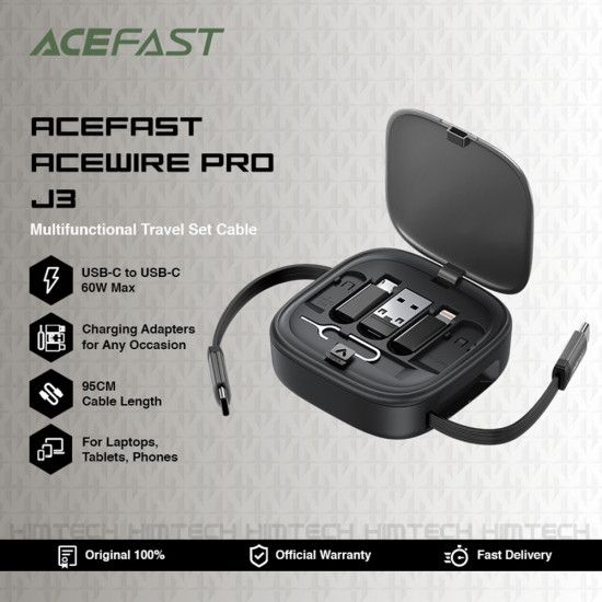 Acefast Data Cable (J3) Travel Set with Retractable Cable 2x USB C, USB, Lightning, Micro USB, TF, 60W, 3A, 0.95m Black