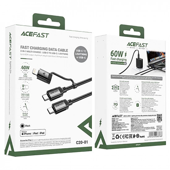 Acefast Data Cable (C20 01) USB C to Type C, Lightning, 60W, Fast Charging, Bend Resistant, MFi Certified, 1.2m Black
