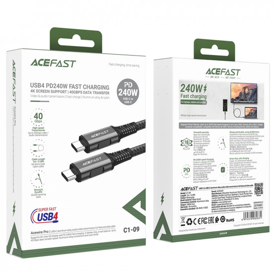 Acefast Data Cable (C1 09) SuperCharge, Audio Video, USB C to USB C, 40Gbps, 4K, 5A, 240W, PD3.1, USB4, 1m Gray / Black