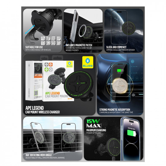 Blueo Car Holder with Wireless Charging Ape Legend for Air Vent, Type C, 15W, 360 Rotation Black