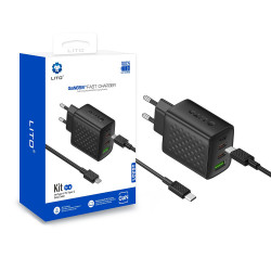 Lito Wall Charger (LC25T) with Type C Cable Included, 2x Type C, USB Output, PD65W, GaN, PC Fireproof, EU Plug Black