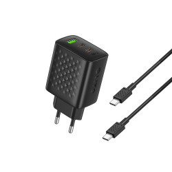 Lito Wall Charger (LC25T) with Type C Cable Included, 2x Type C, USB Output, PD65W, GaN, PC Fireproof, EU Plug Black Lito Wall Charger (LC25T) with Type C Cable Included, 2x Type C, USB Output, PD65W, GaN, PC Fireproof, EU Plug Black